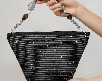 Woven Rope Tote Bag in Vibrant Black, Large Summer Beach Bag, Handmade Boho Shoulder Purse, Sturdy Daily Shopper, Chic Vacation Accessory