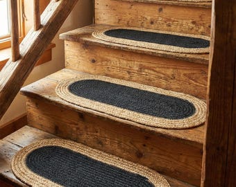 Handmade Braided Cord Rope Stair Tread Mats, Oval Non-Slip Step Rugs, Black & Beige Farmhouse Decor, Durable Staircase Runners, Safety Pads