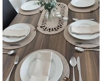 Handmade Jute Placemats Set of 6 with Oval Table Runner,Boho Dining Table Decor, Braided Rope Place Mats, Rustic Farmhouse Kitchen Gift Idea
