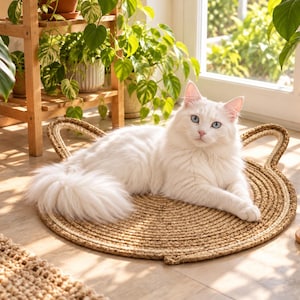 Peut inclure: Un chat blanc à poils longs aux yeux bleus reposant sur un tapis rond en jute tressé beige. Le tapis présente deux poignées intégrées sur les côtés opposés et une texture circulaire enroulée. Le chat est centré sur le tapis.