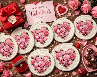 Valentine's Day Heart Rose Coasters Set, Romantic Floral Cotton Rope Drink Mats, Shabby Chic Table Decor Gift for Her