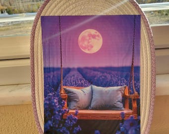 Handmade Lavender Moon Wall Decor, Rope Art Frame, Purple Nursery Sign, Boho Bedroom Print, Dreamy Swing Picture, Handmade Wall Decor