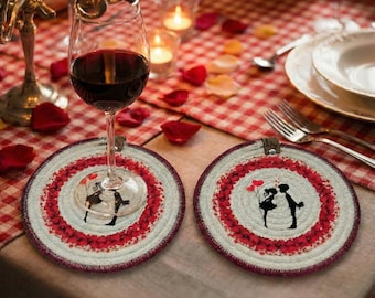 Handmade Rope Coaster Set, Romantic Couple Trivet, Valentines Day Gift, Cotton Hot Pad, Love Themed Table Mat, Round Decor, Gift for Her