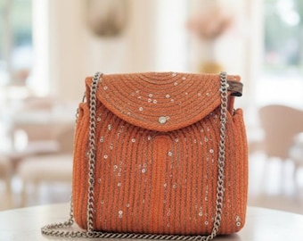 Handmade Orange Crochet Shoulder Bag with Sparkly Sequins, Boho Evening Crossbody Purse for Women, Unique Knit Gift for Her, Festive Handbag