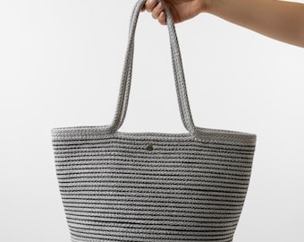 Handmade Grey Glitter Crochet Bag, Black Striped Knitted Tote, Metallic Yarn Shoulder Purse, Summer Beach Shopper, Unique Gift For Her, Boho