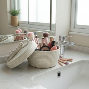 May include: A cream-colored, round woven basket with a matching lid, partially open, filled with makeup brushes, lipsticks, and other cosmetics. The basket sits on a bathroom countertop next to a sink and faucet.