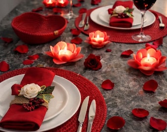 Red Round Placemats Set of 2, Valentines Day Table Decor, Braided Woven Place Mats, Romantic Dinner Wedding Anniversary Gift, Boho Tableware