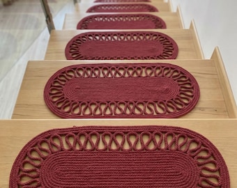 Handmade Red Cord Rope Stair Treads Oval Braided Step Mats Rustic Home Decor Unique Bohemian Staircase Runners For Indoor Elegant Space