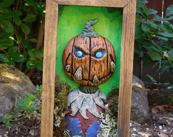 Pumpkin scarecrow shadow box sculpture