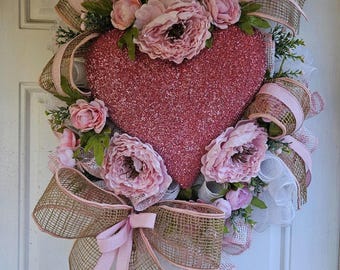Valentine’s Day Heart Wreath, Romantic Pink Floral Wreath, Blush Peony Door Decor, Cottagecore Wall Hanging Gift
