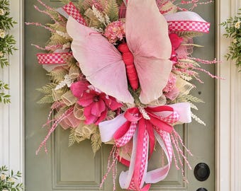 Corona de mariposas rosas / Magnolia de terciopelo, decoración de puerta de primavera