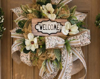 Corona de magnolia de bienvenida / Decoración para puerta de entrada de casa de campo