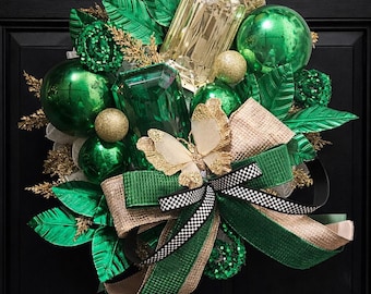 Corona de San Patricio con reliquia esmeralda, decoración de lujo para puerta de entrada en verde y dorado, corona de primavera de diseño