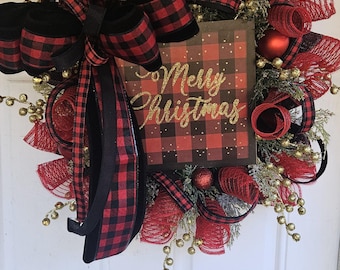 Corona navideña a cuadros de búfalo, decoración navideña para puerta en rojo y negro, corona rústica de granja, corona navideña para puerta.
