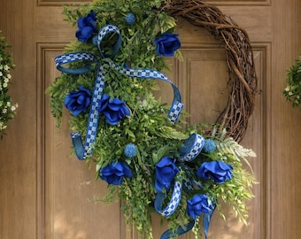 Corona floral de vid azul cobalto / Cinta a cuadros azules y blancos para decoración diaria de puertas