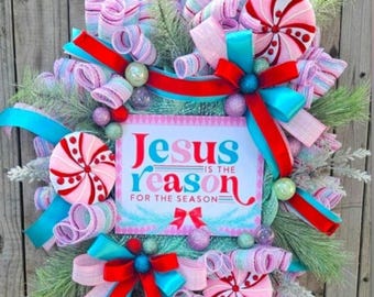 Corona navideña religiosa, decoración navideña para puerta en el País de los Dulces, Jesús es la razón