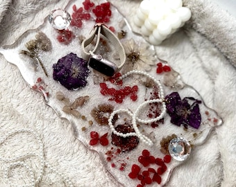 Handmade Resin Vanity Tray with Dried Red & Purple Flowers