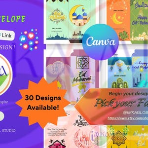 May include: A promotional image for Eid Fitr envelopes, featuring various designs with Islamic motifs, including mosques and crescent moons. The image includes the text "30 Designs Available!" and calls to "Pick your Favourite".