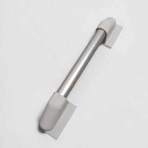 May include: A silver-colored cabinet handle with gray end caps and mounting plates. The handle is a straight bar design, suitable for drawers or cabinet doors. The hardware is shown against a white background.