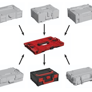 Peut inclure: Diverses boîtes à outils et organisateurs en plastique gris et rouge. L'organisateur central rouge est doté d'une poignée et est entouré de boîtes grises variées, chacune avec des mécanismes de verrouillage différents. L'image présente différentes solutions de rangement.
