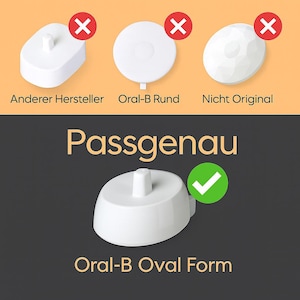 Könnte beinhalten: Ein Bild, das drei weiße Zahnbürstenköpfe vergleicht, mit roten X-Markierungen auf zwei und einem grünen Häkchen auf dem dritten. Der Text lautet "Anderer Hersteller", "Oral-B Rund" und "Nicht Original" über den Köpfen. Darunter steht "Passgenau" und "Oral-B Oval Form".