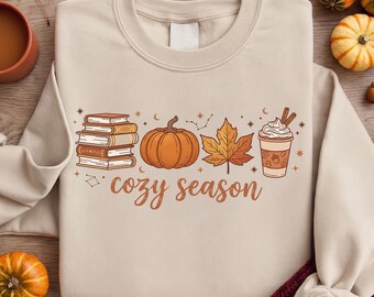 Cozy Season Sweatshirt, Fall Pumpkin Hoodie, Bookish Autumn Sweater, Thanksgiving Gift for Her, Cute Halloween Book Lover Crewneck