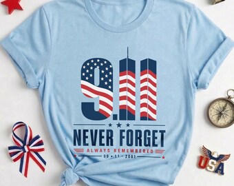 9/11 Memorial Twin Towers Patriotic American Flag Tee, Never Forget Patriot Day Apparel