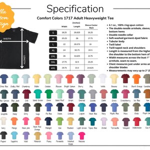 May include: Black t-shirt with size and color specifications. The shirt has a double-needle collar and is made of soft-washed, garment-dyed fabric. Measurements are in inches. The image also shows a color chart.