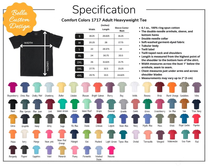 May include: Black t-shirt with size and color specifications. The shirt has a double-needle collar and is made of soft-washed, garment-dyed fabric. Measurements are in inches. The image also shows a color chart.