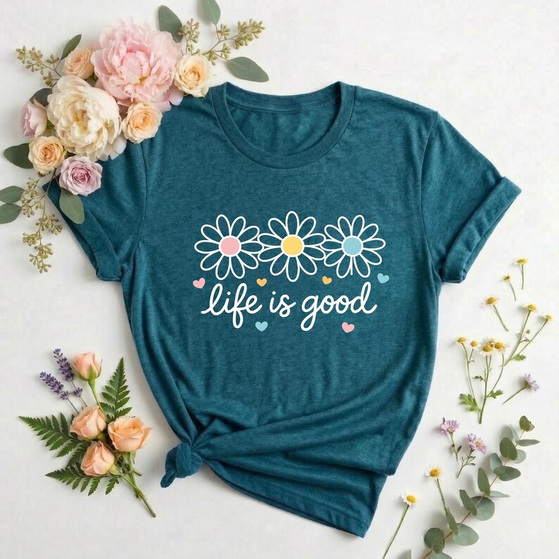 Life Is Good T-Shirt, Wildflower Shirt, Its All Good Shirt, Retro Daisy Flower Graphic Tee, Positive Quote Pink Shirt, Aesthetic Gift image 2