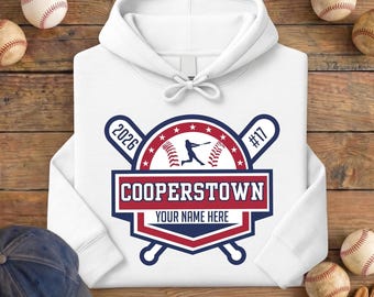 Custom Cooperstown Baseball Sweatshirt, Personalized Cooperstown Hoodie 2026, Baseball Mom Crewneck, Custom Player Name Number Sweatshirt