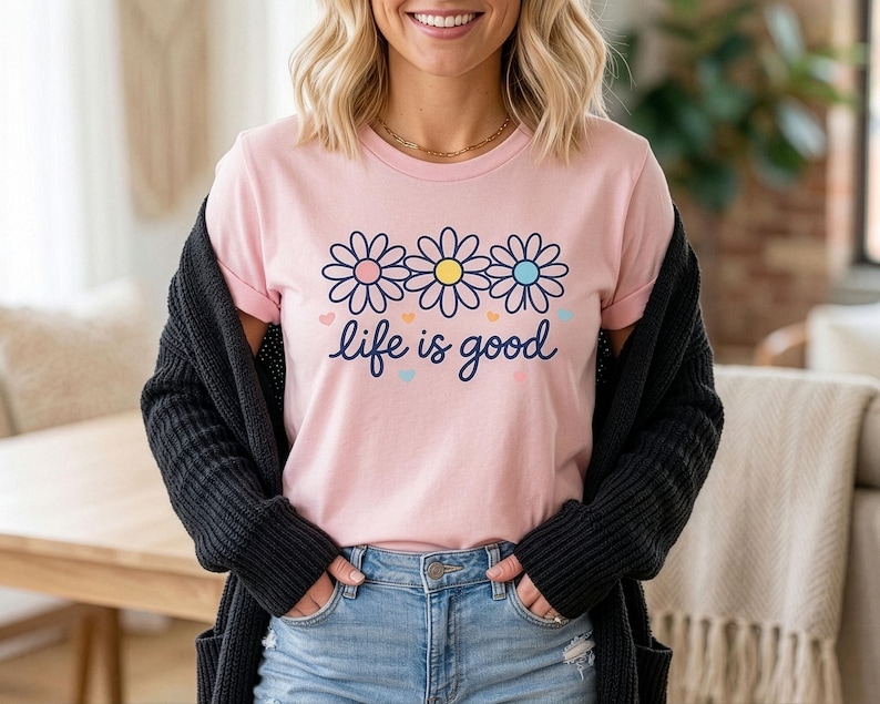 Life Is Good T-Shirt, Wildflower Shirt, Its All Good Shirt, Retro Daisy Flower Graphic Tee, Positive Quote Pink Shirt, Aesthetic Gift image 5