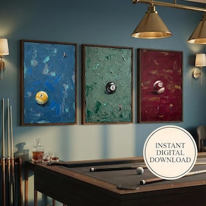 May include: Three framed abstract paintings with textured backgrounds in blue, green, and burgundy, each featuring a pool ball. The paintings are displayed above a pool table. The image includes the text "INSTANT DIGITAL DOWNLOAD".