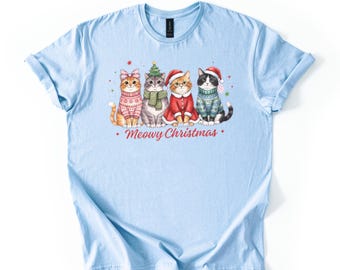 Meowy Christmas Shirt, Cat Christmas Sweatshirt, Kitty Lover Xmas T-Shirt, Christmas Cat Mom Sweater Gift For New Year