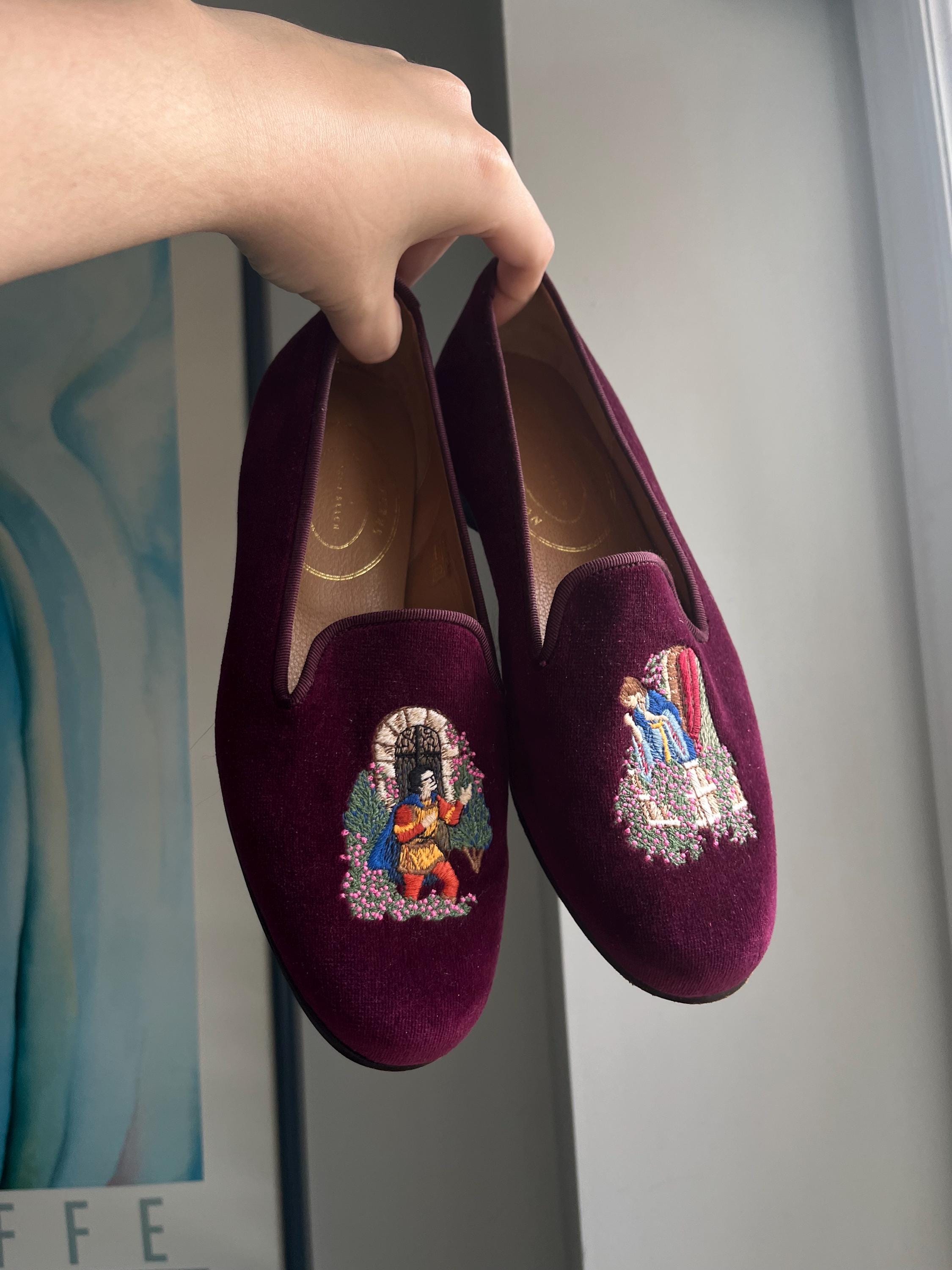 Stubbs & Wootton Burgundy Velvet Crown Embroidered Loafers Winter for Her main image 2