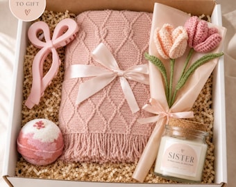 1 Caja de regalo personalizada para hermana, regalo de cumpleaños para hermana, vela, manta, bomba de baño, flores de ganchillo