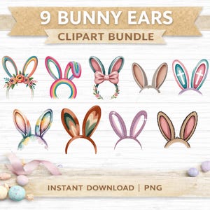 9 Bunny Ears Clipart Bundle PNG Easter Bunny Headband Graphics Spring Sublimation Commercial Use