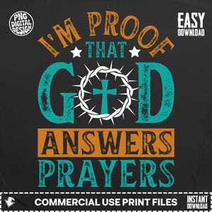 Könnte beinhalten: Digitales Design mit dem Text "I'M PROOF THAT GOD ANSWERS PRAYERS" in Orange und Türkis. Das Wort "GOD" ist mit einem Kreuz und einer Dornenkrone zentriert. Das Design hat einen schwarzen Hintergrund.