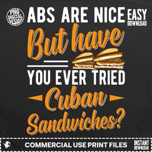 Könnte beinhalten: Schwarzes digitales Design mit dem Text "ABS ARE NICE" und "Aber haben Sie schon einmal kubanische Sandwiches probiert?" mit Bildern von kubanischen Sandwiches. Das Design ist in Weiß und Orange gehalten.