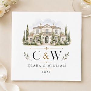 May include: White square invitation featuring a watercolor illustration of a stately home. The design includes the initials "C & W" in black and gold, the names "Clara & William", and the year "2026". Decorative floral elements frame the text.