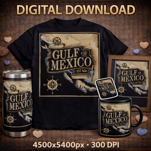 Könnte beinhalten: Eine schwarze T-Shirt, Becher, Tasse, gerahmter Druck und Aufkleber mit einem Vintage-Design des Golfs von Mexiko, einer Windrose und dem Text "Gulf of Mexico EST. 1550".