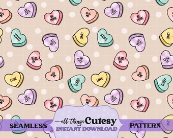 Valentine Candy Hearts Seamless Pattern PNG, Stained Glass Conversation Hearts for Small Business