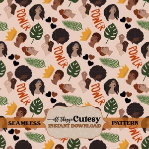 May include: Seamless pattern featuring illustrations of women's faces, raised fists, crowns, hearts, and tropical leaves. The word "POWER" is repeated throughout the design. The pattern is set against a light pink background.