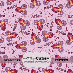Può includere: Motivo senza cuciture di Aries nei toni del rosa, viola e arancione. Il design presenta teste di ariete stilizzate, la parola "Aries" e simboli astrologici. Il motivo è etichettato "all things Cutesy" e "Instant Download".