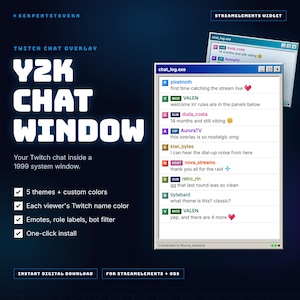 Może przedstawiać: Nakładka okna czatu Y2K dla Twitcha z designem okna systemowego w stylu retro z 1999 roku. Interfejs wyświetla dziennik czatu z nazwami użytkowników, etykietami ról i wiadomościami tekstowymi. Grafika zawiera tekst Y2K CHAT WINDOW.