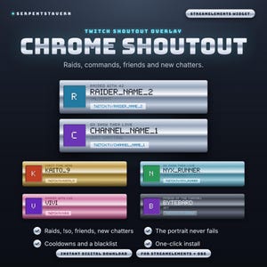 Peut inclure: Un ensemble de superpositions Twitch pour shoutout avec des barres métalliques chromées, dorées et roses et du texte pixélisé. Le design inclut des étiquettes comme CHROME SHOUTOUT, RAIDER_NAME_2 et KAITO_9, avec des icônes de coche pour les fonctionnalités.