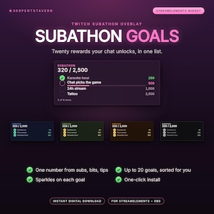 May include: A digital Twitch subathon overlay widget featuring a dark purple background with pink text. The interface displays a progress bar for goals, including Karaoke hour, Chat picks the game, 24h stream, and Tattoo, with checkmarks for completed items.