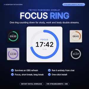 Puede incluir: Una superposición digital de Twitch Pomodoro titulada Focus Ring, con un temporizador central con una barra de progreso circular azul, el texto 17:42 y 1/4. Se muestran cuatro variaciones de temporizador más pequeñas y borrosas en verde, morado, naranja y blanco.