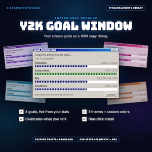May include: A Y2K goal window Twitch overlay featuring a 1999-style computer dialog box titled goal_tracker.exe. It displays progress bars for followers, subscribers, bits, and donations with text including 1 of 4 complete and Cancel.