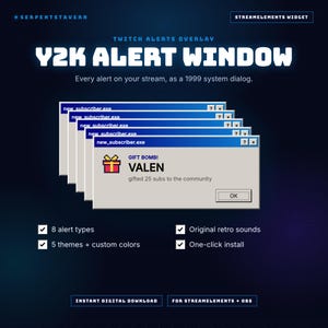 May include: A digital Twitch alerts overlay featuring a Y2K alert window design. The graphic displays stacked 1999-style system dialog boxes with the text new_subscriber.exe, a gift icon, and the text VALEN gifted 25 subs to the community.
